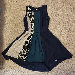 Rachel Roy swing dress scoop neck multi fabric pleated hi-lo sequin animal black